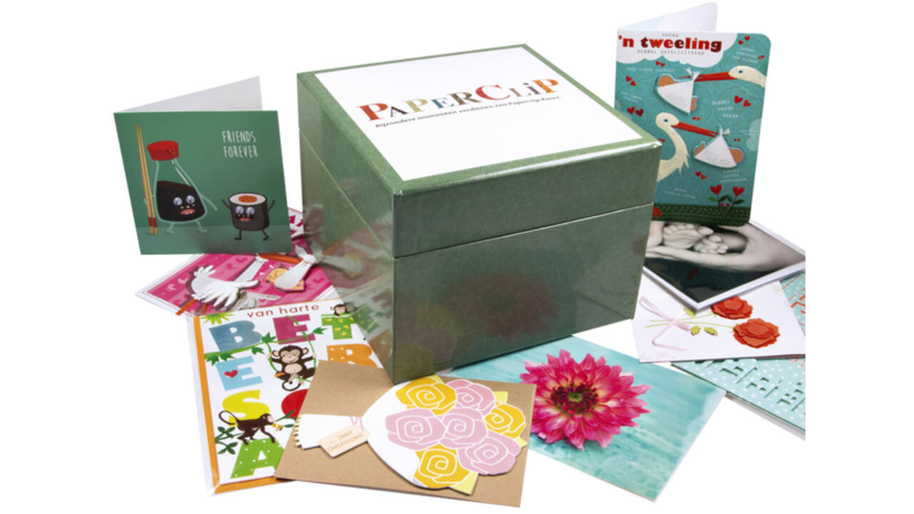 Wenskaartenbox Paperclip diverse thema's 75 kaarten