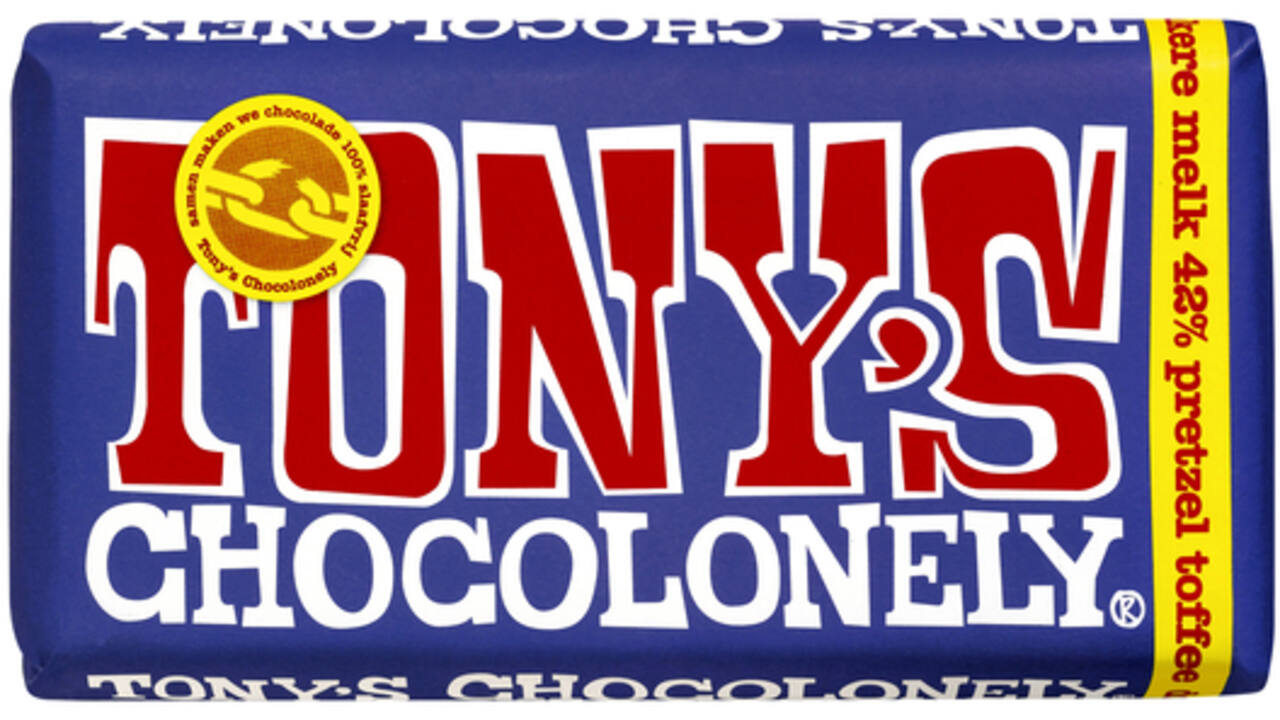 Chocolade Tony's Chocolonely donker melk pretzel toffee reep 180gr