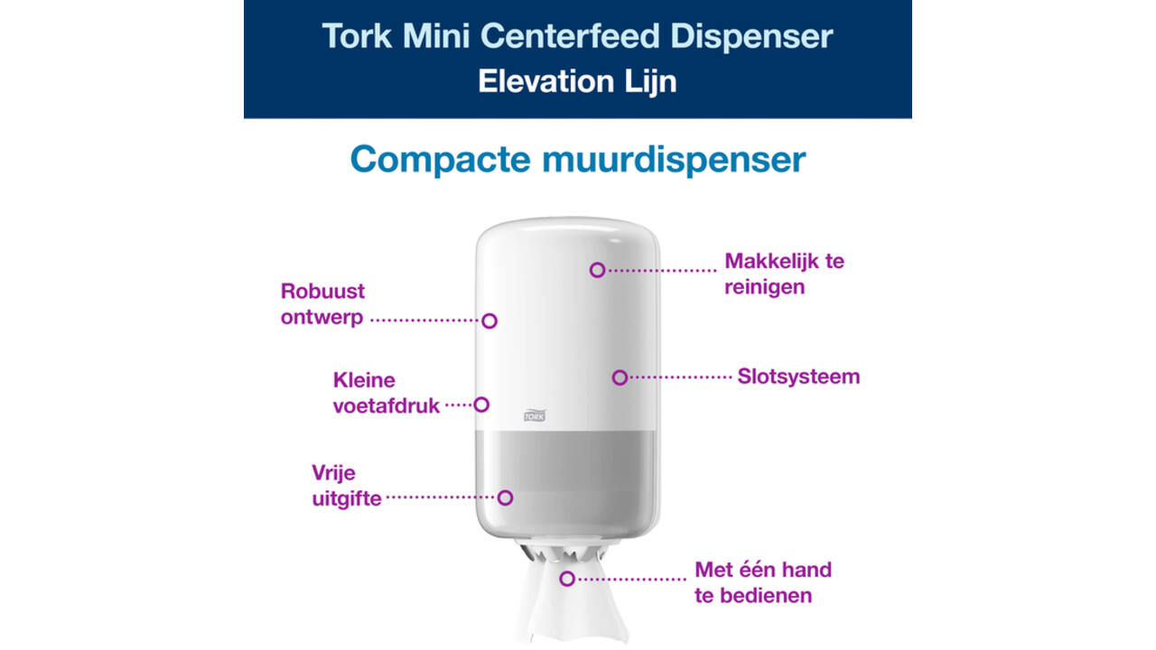 Poetspapierdispenser Tork Mini centerfeed M1 Elevation wit 558000
