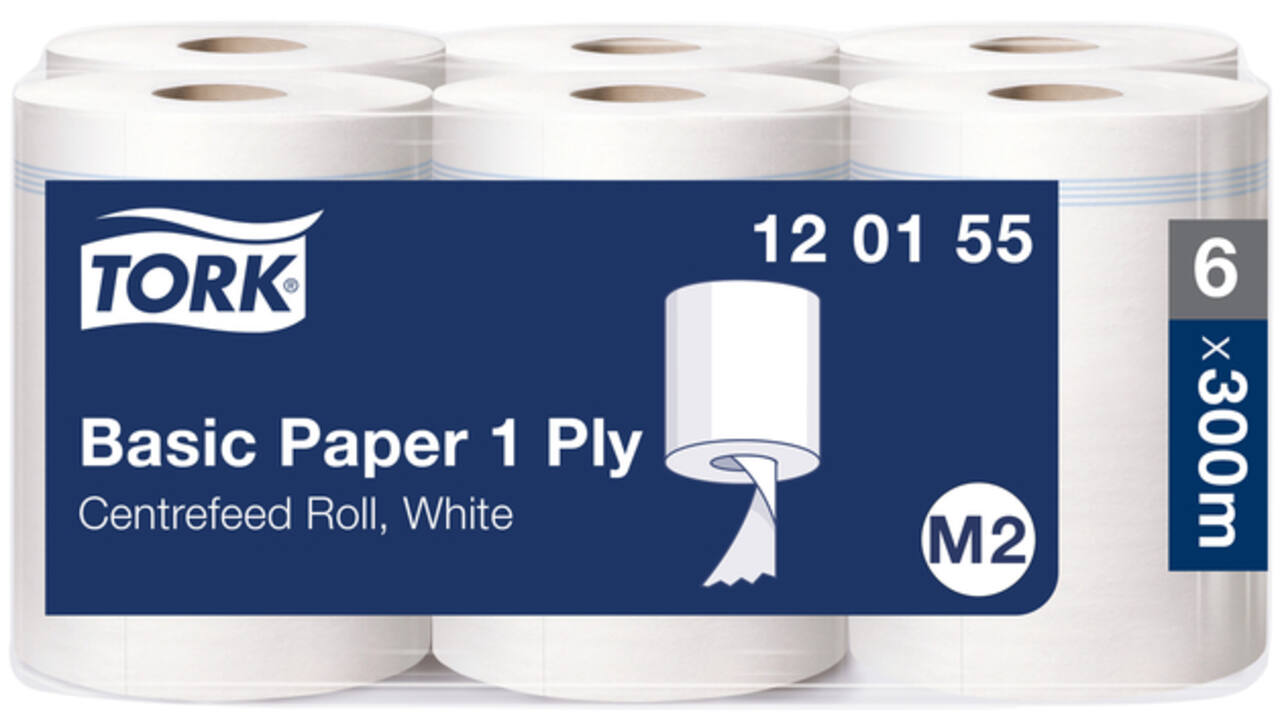 Poetspapier Tork Basic M2 centerfeed 1-laags 300m wit 120155