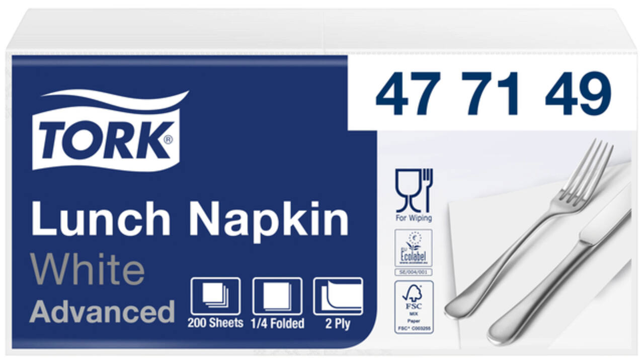 Servetten Tork 2-laags 1/4 gevouwen 200st wit 477149