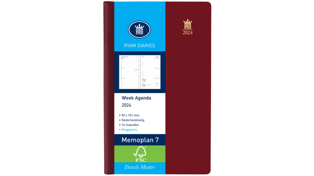 Agenda 2027 Ryam Memoplan 7 Suprema ringplasic 7dagen/2pagina's bordeaux