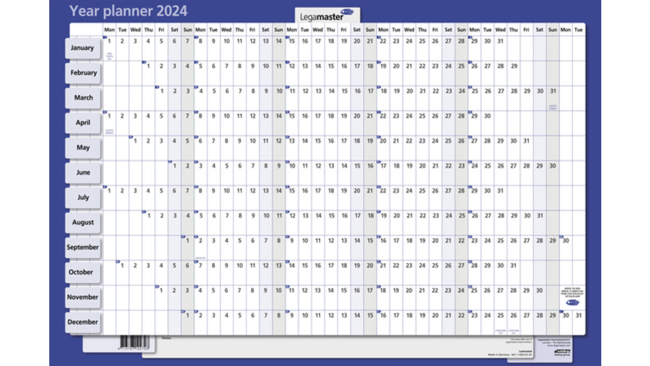 Jaarplanner 2027 Legamaster 90x60cm horizontaal gelamineerd Engelstalig