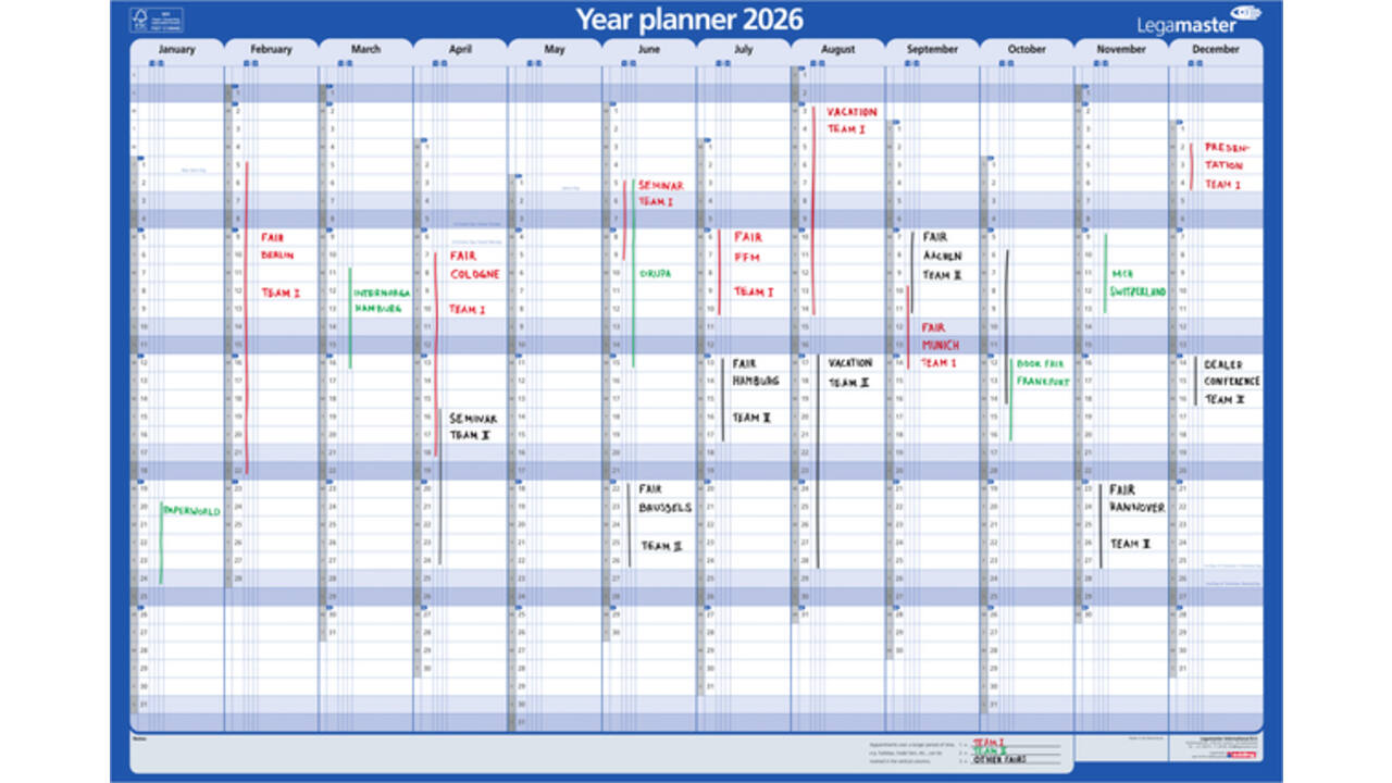 Jaarplanner 2027 Legamaster 1 persoon 90x60cm horizontaal gelamineerd Engelstalig
