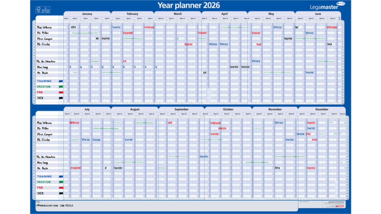 Projectplanner 2027 Legamaster 90x60cm horizontaal gelamineerd Engelstalig
