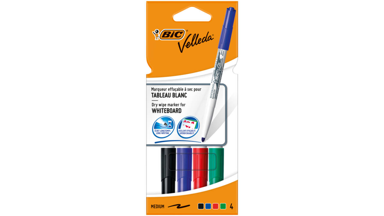 Viltstift Bic Velleda 1744 whiteboard rond medium assorti kartonnen etui à 4 stuks