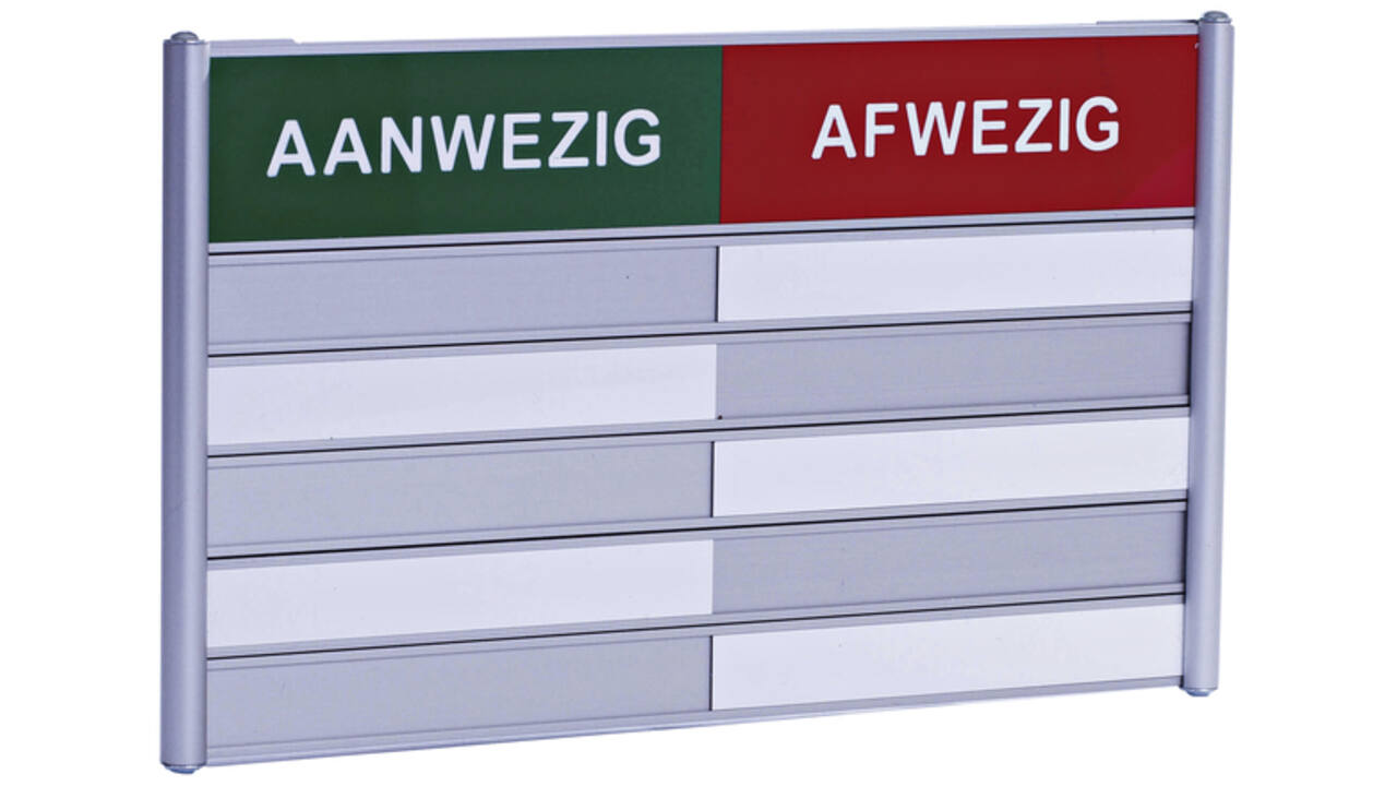 Aan- afwezigheidsbord voor 5 namen
