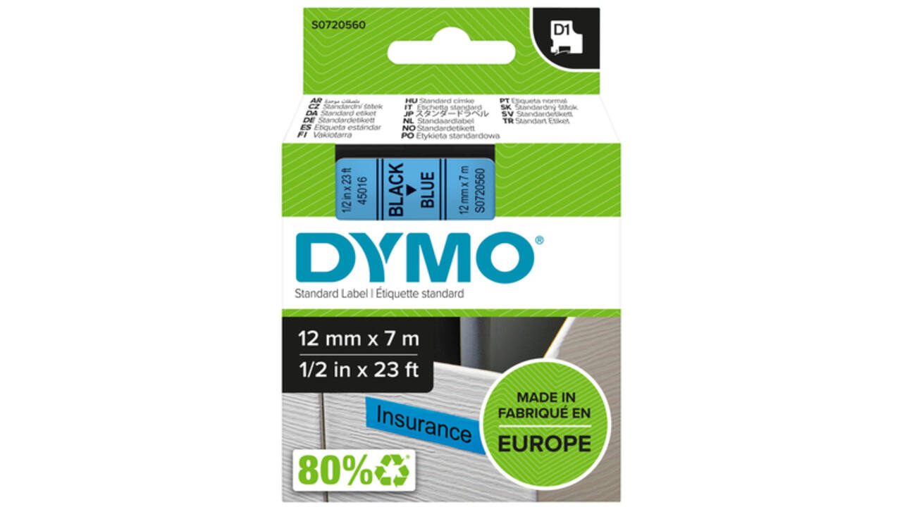 Labeltape Dymo LabelManager D1 polyester 12mm zwart op blauw