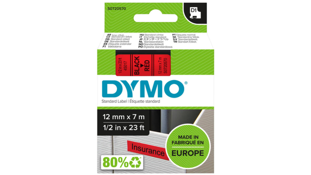 Labeltape Dymo LabelManager D1 polyester 12mm zwart op rood