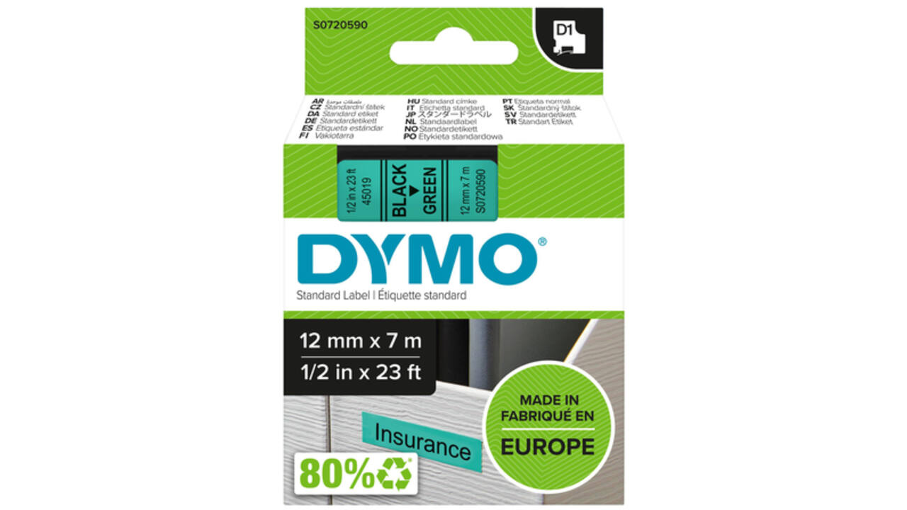 Labeltape Dymo LabelManager D1 polyester 12mm zwart op groen