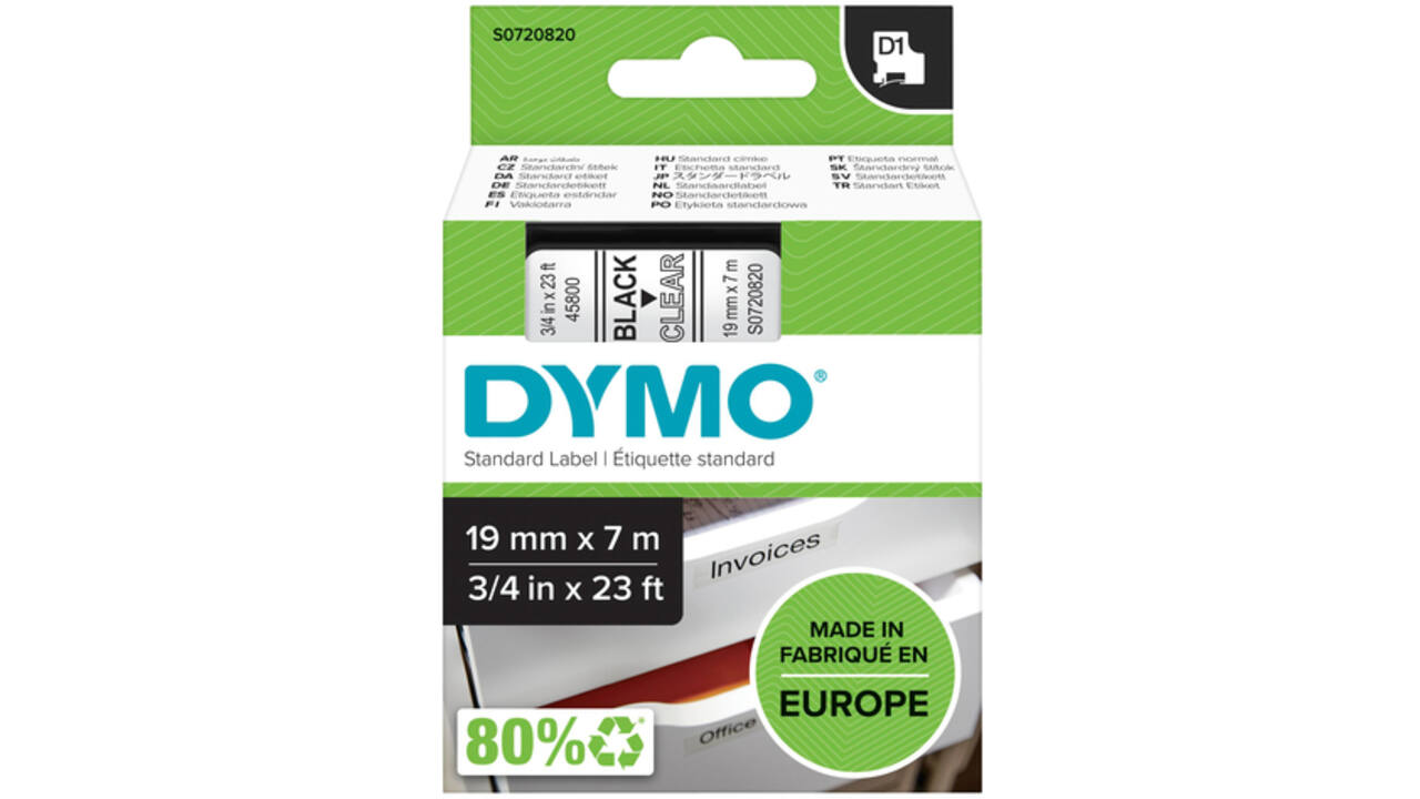 Labeltape Dymo LabelManager D1 polyester 19mm zwart op transparant