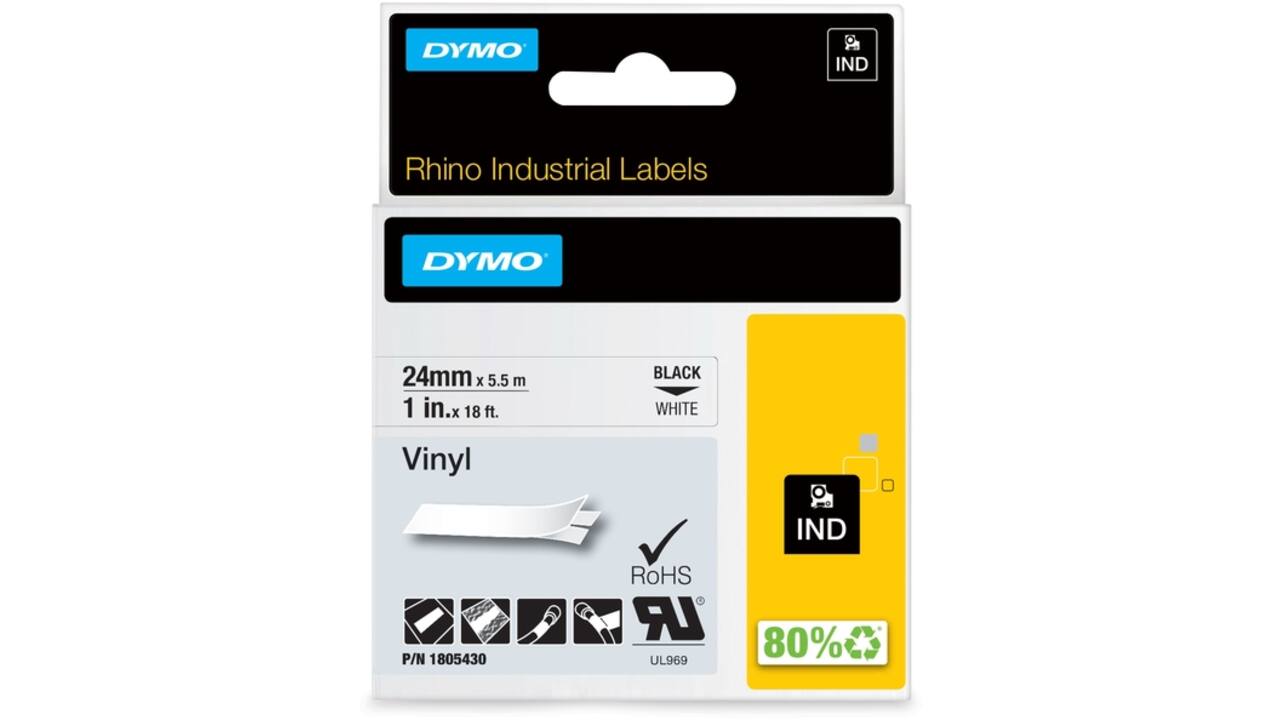 Labeltape Dymo Rhino industrieel vinyl 24mm zwart op wit