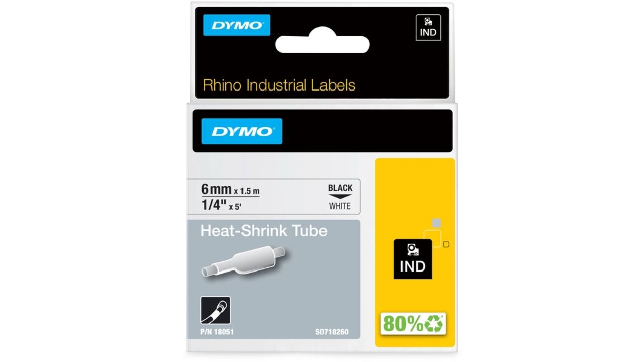 Labeltape Dymo Rhino industrieel krimpkous 6mm zwart op wit