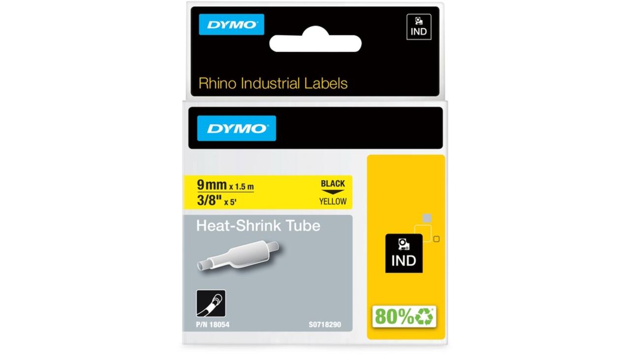 Labeltape Dymo Rhino industrieel krimpkous 9mm zwart op geel