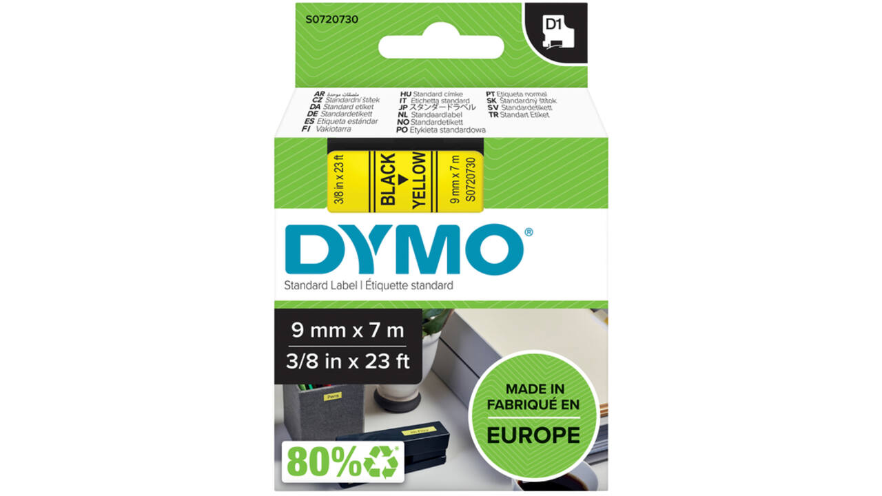 Labeltape Dymo LabelManager D1 polyester 9mm zwart op geel