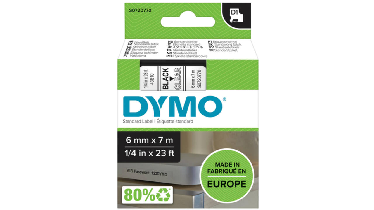 Labeltape Dymo LabelManager D1 polyester 6mm zwart op transparant