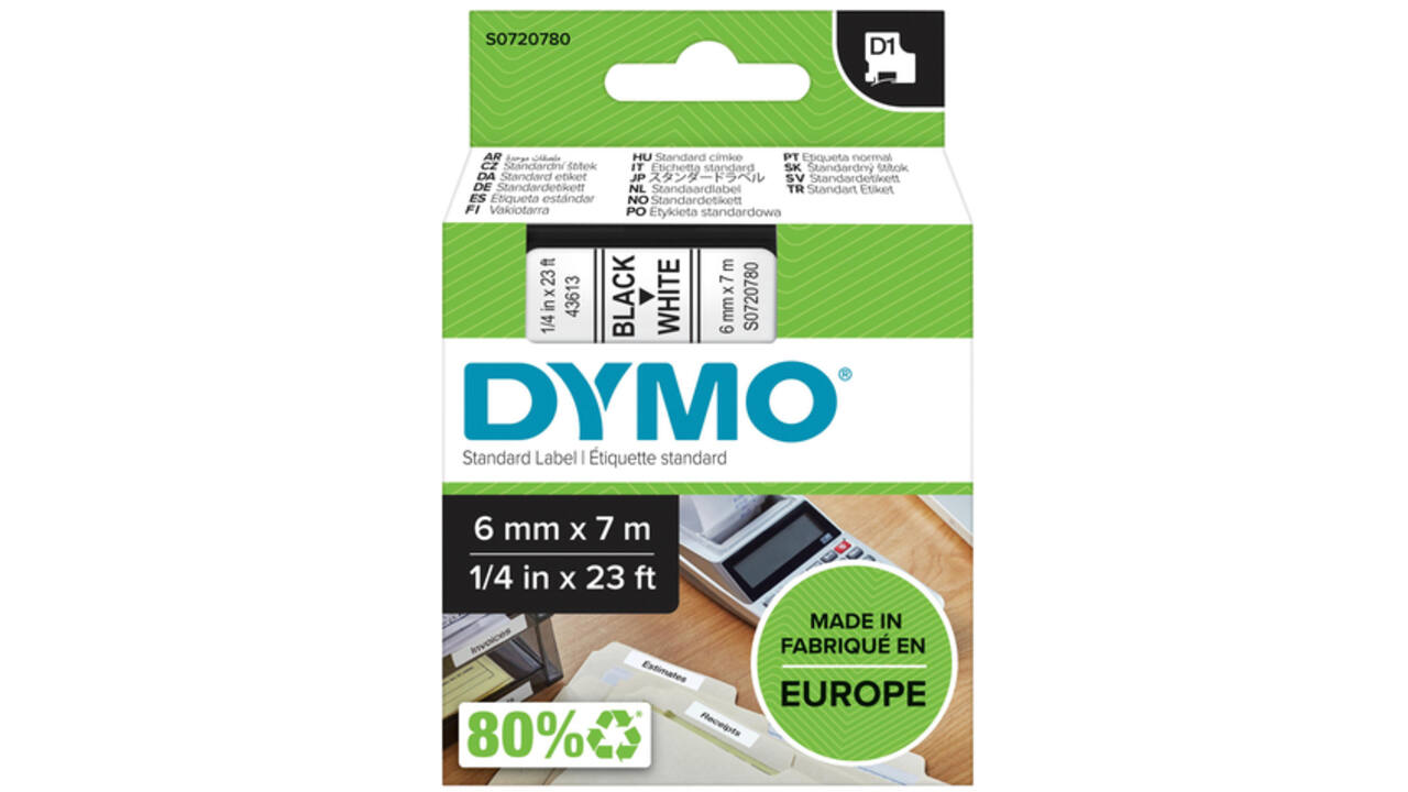 Labeltape Dymo LabelManager D1 polyester 6mm zwart op wit
