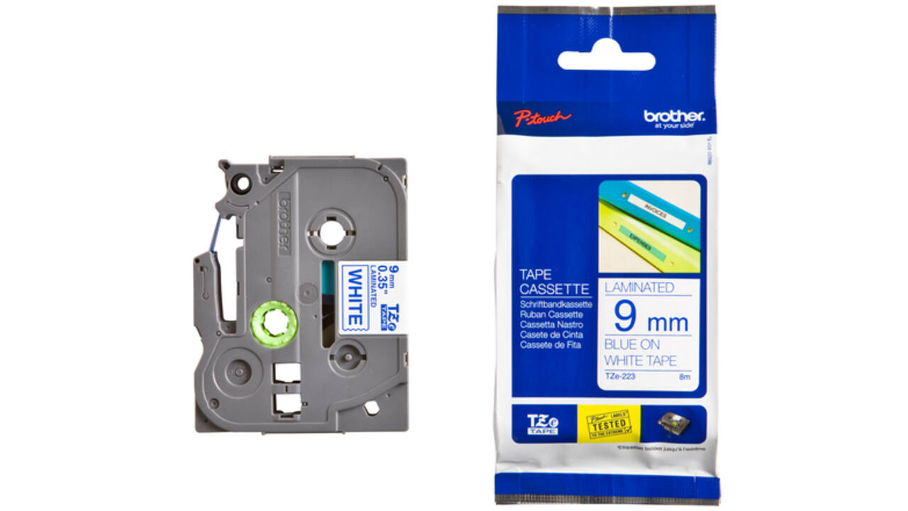 Labeltape Brother P-touch TZE-223 9mm blauw op wit