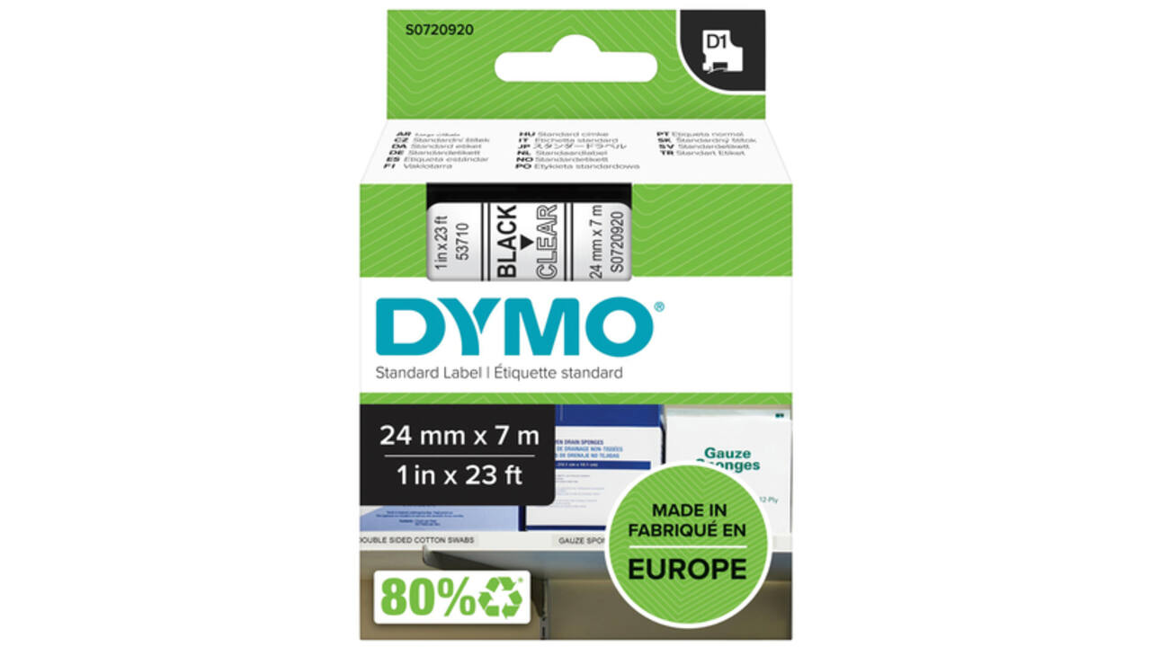 Labeltape Dymo LabelManager D1 polyester 24mm zwart op transparant