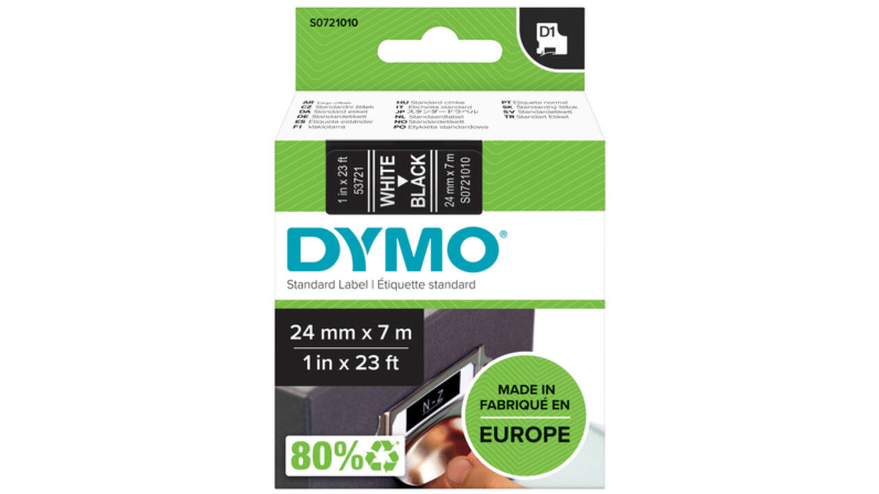 Labeltape Dymo LabelManager D1 polyester 24mm wit op zwart
