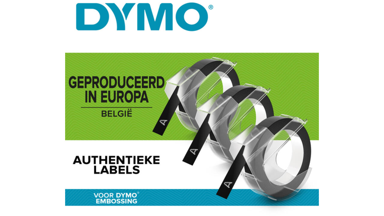 Reliëftape Dymo embossing plastic 9mm wit op zwart