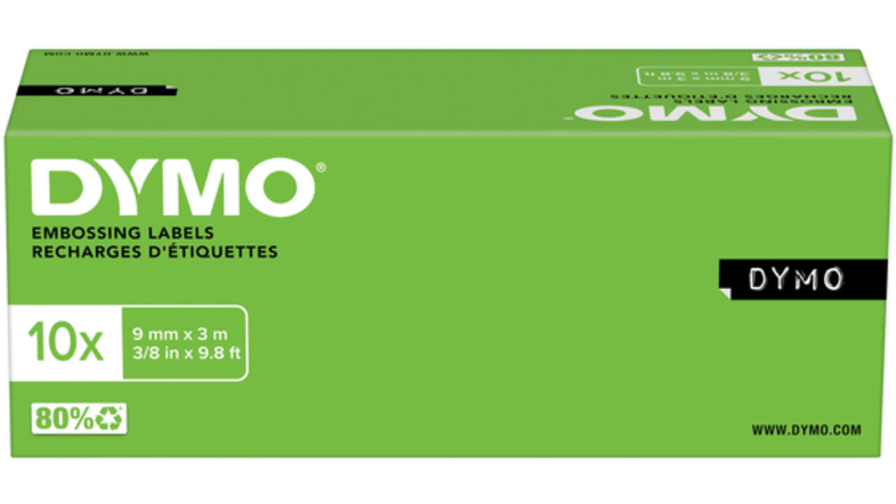 Reliëftape Dymo embossing vinyl 9mm wit op rood