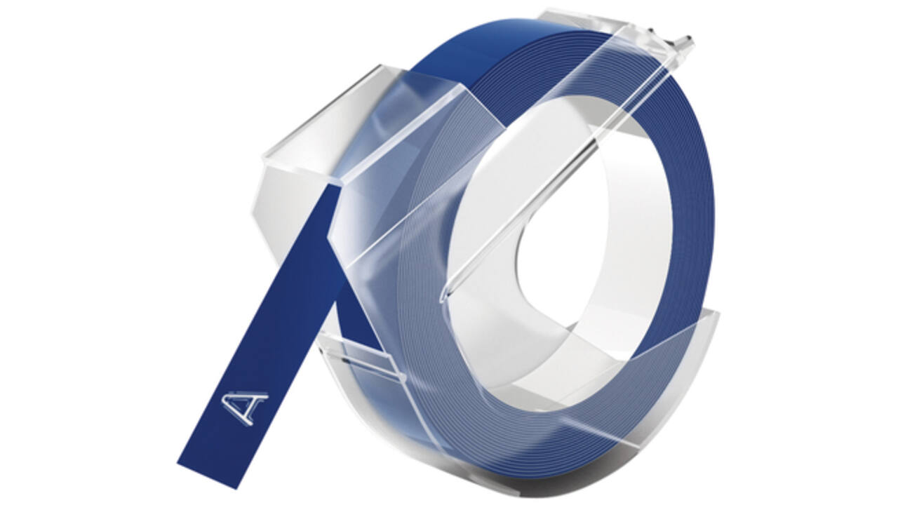 Reliëftape Dymo embossing vinyl 9mm wit op blauw