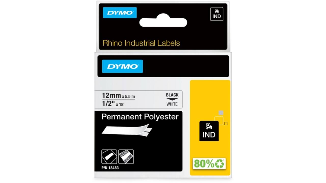 Labeltape Dymo Rhino industrieel polyester 12mm zwart op wit