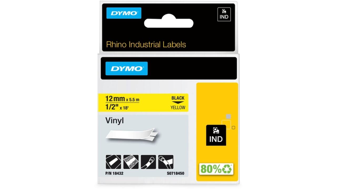 Labeltape Dymo Rhino industrieel vinyl 12mm zwart op geel