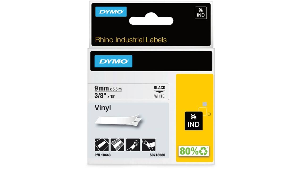 Labeltape Dymo Rhino industrieel vinyl 9mm zwart op wit