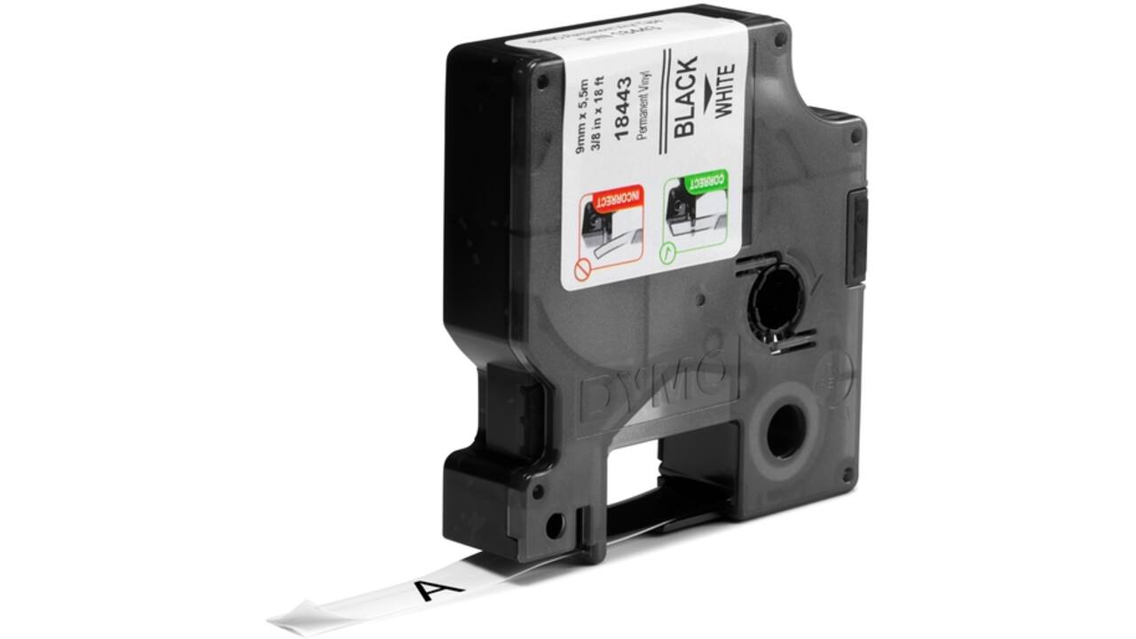 Labeltape Dymo Rhino industrieel vinyl 9mm zwart op wit