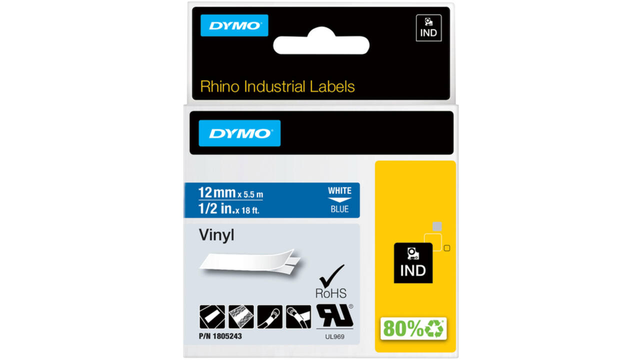 Labeltape Dymo Rhino industrieel vinyl 12mm wit op blauw