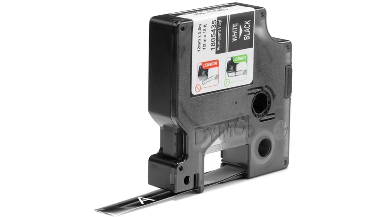 Labeltape Dymo Rhino industrieel vinyl 12mm wit op zwart