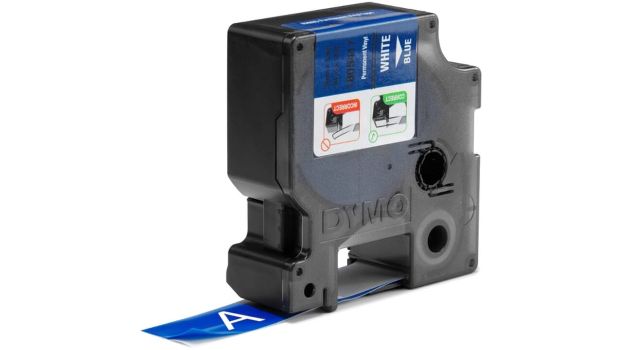 Labeltape Dymo Rhino industrieel vinyl 19mm wit op blauw