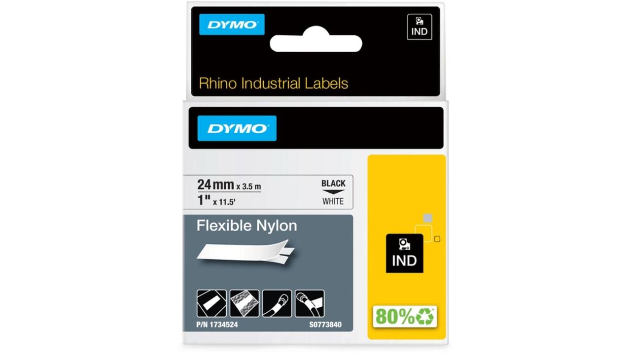 Labeltape Dymo Rhino industrieel nylon 24mm zwart op wit