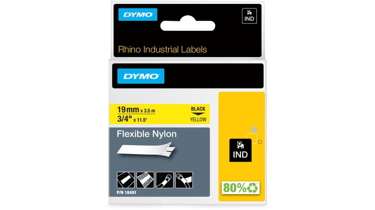 Labeltape Dymo Rhino industrieel nylon 19mm zwart op geel