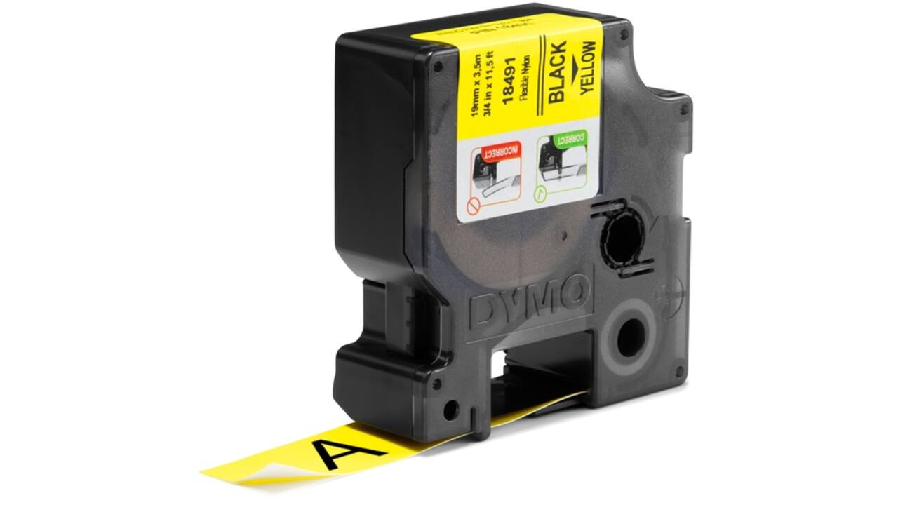 Labeltape Dymo Rhino industrieel nylon 19mm zwart op geel