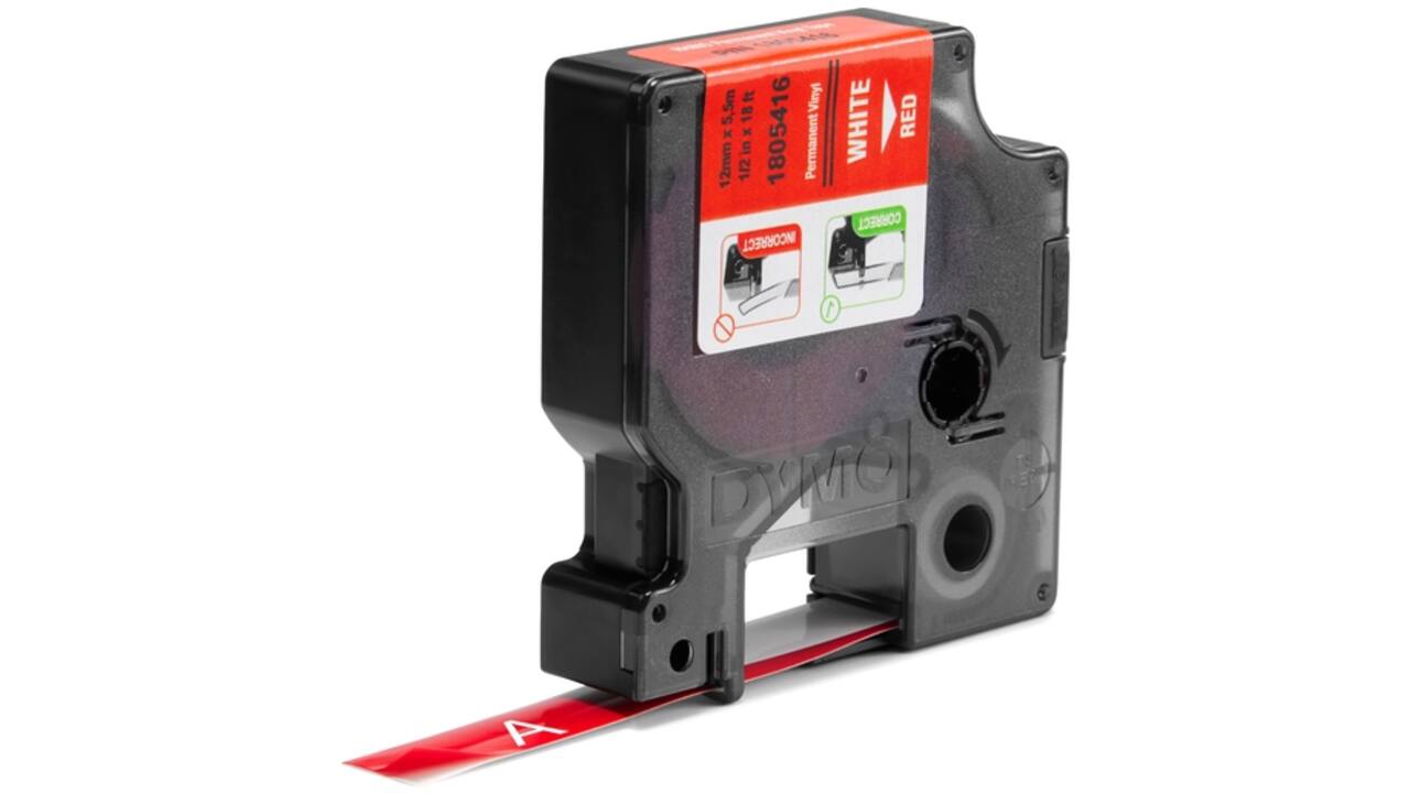 Labeltape Dymo Rhino industrieel vinyl 12mm wit op rood