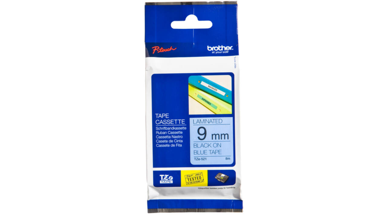 Labeltape Brother P-touch TZE-521 9mm zwart op blauw