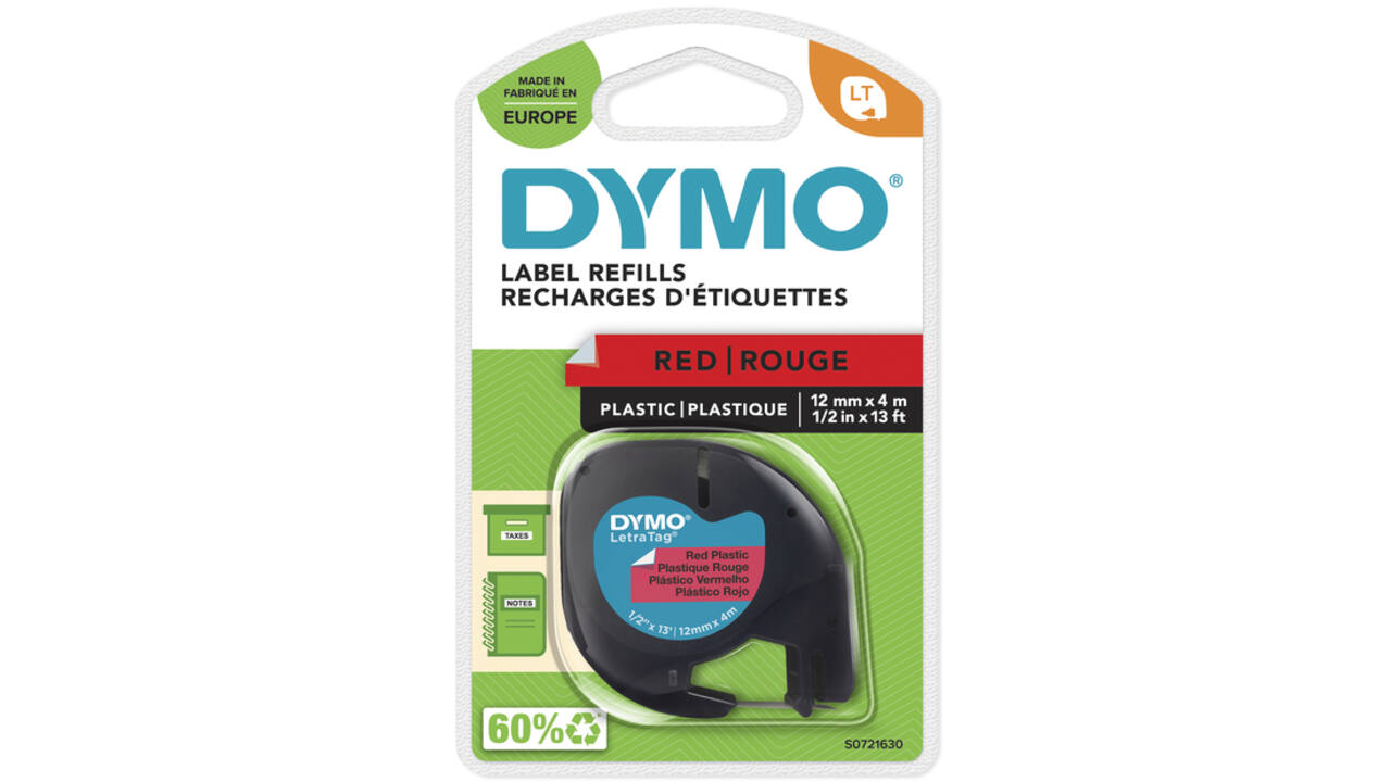 Labeltape Dymo LetraTag plastic 12mm zwart op rood