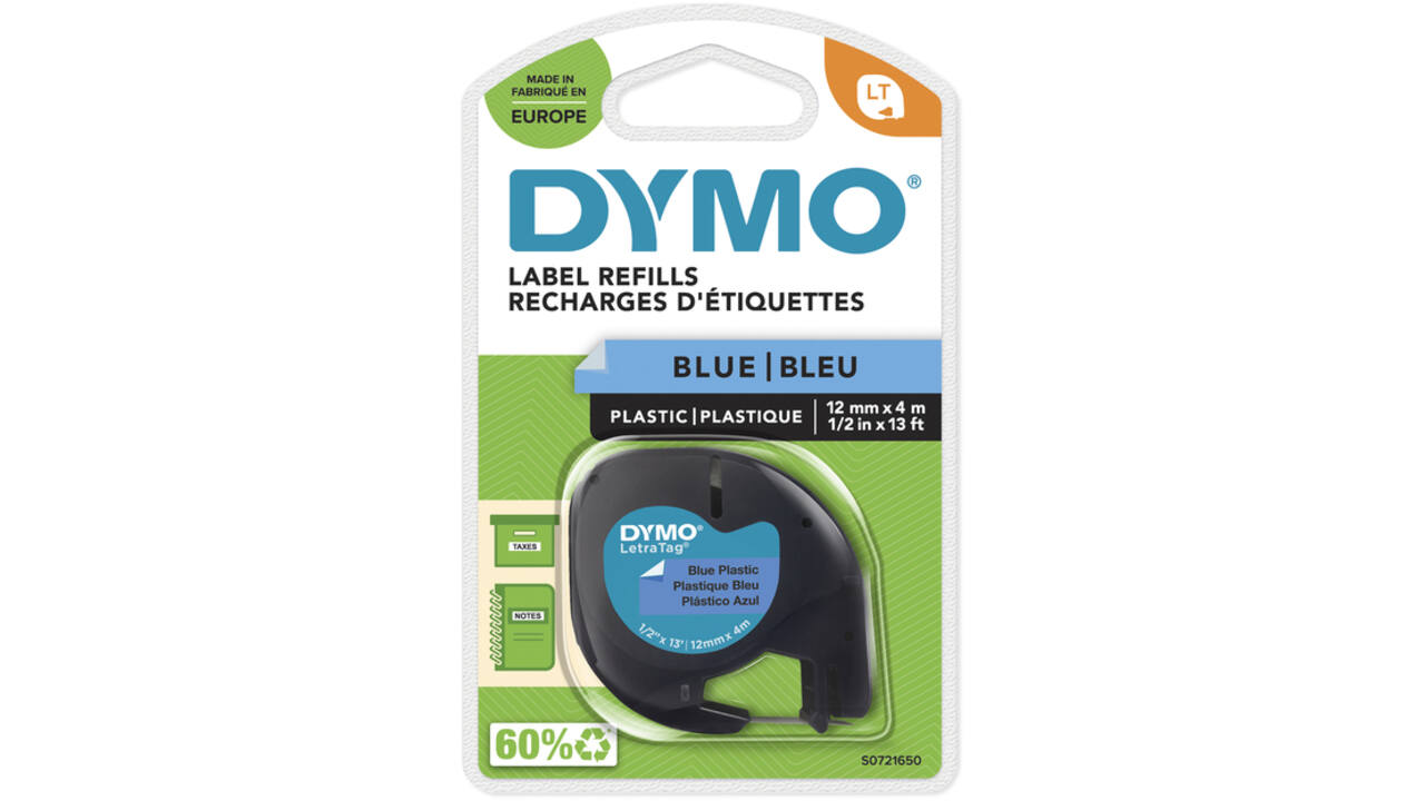Labeltape Dymo LetraTag plastic 12mm zwart op blauw