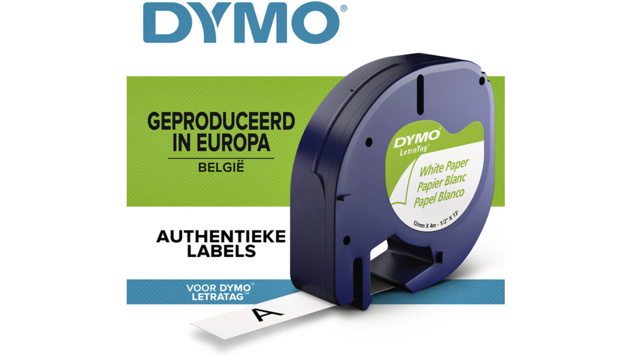 Labeltape Dymo LetraTag papier 12mm zwart op wit