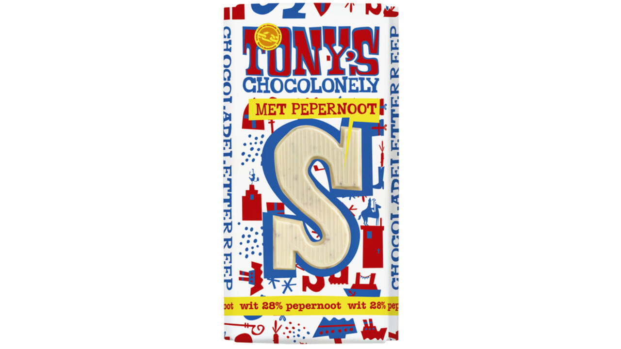 Chocoladeletter Tony's Chocolonely wit pepernoot S 180gr