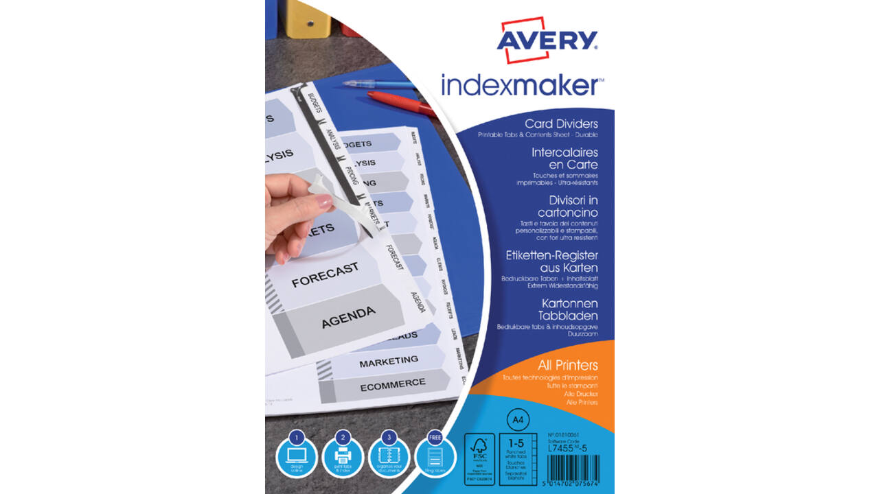 Tabbladen Avery Indexmaker 9-gaats 5-delig wit