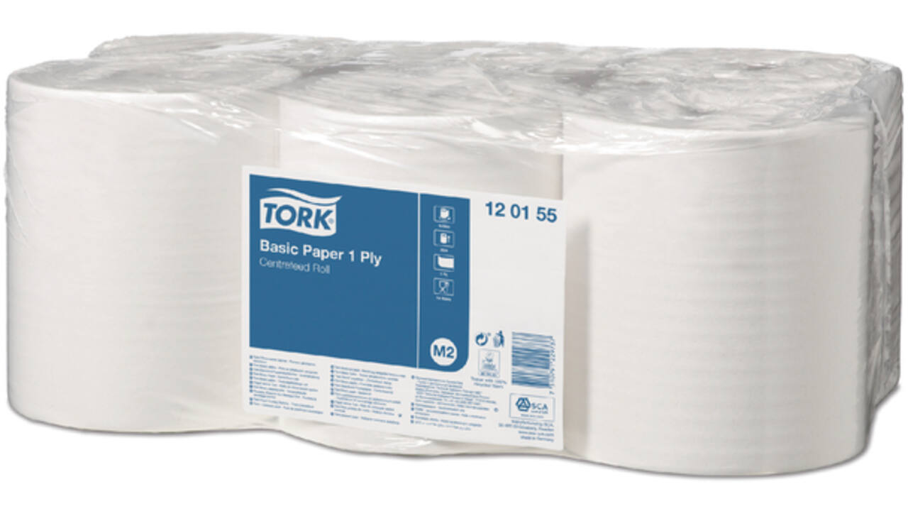 Poetspapier Tork Basic M2 centerfeed 1-laags 300m wit 120155