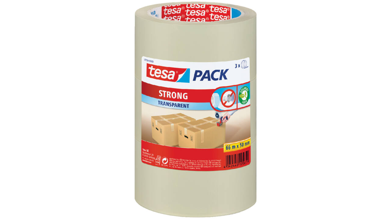 Verpakkingstape tesapack® Strong 66mx50mm PP transparant 3 rollen