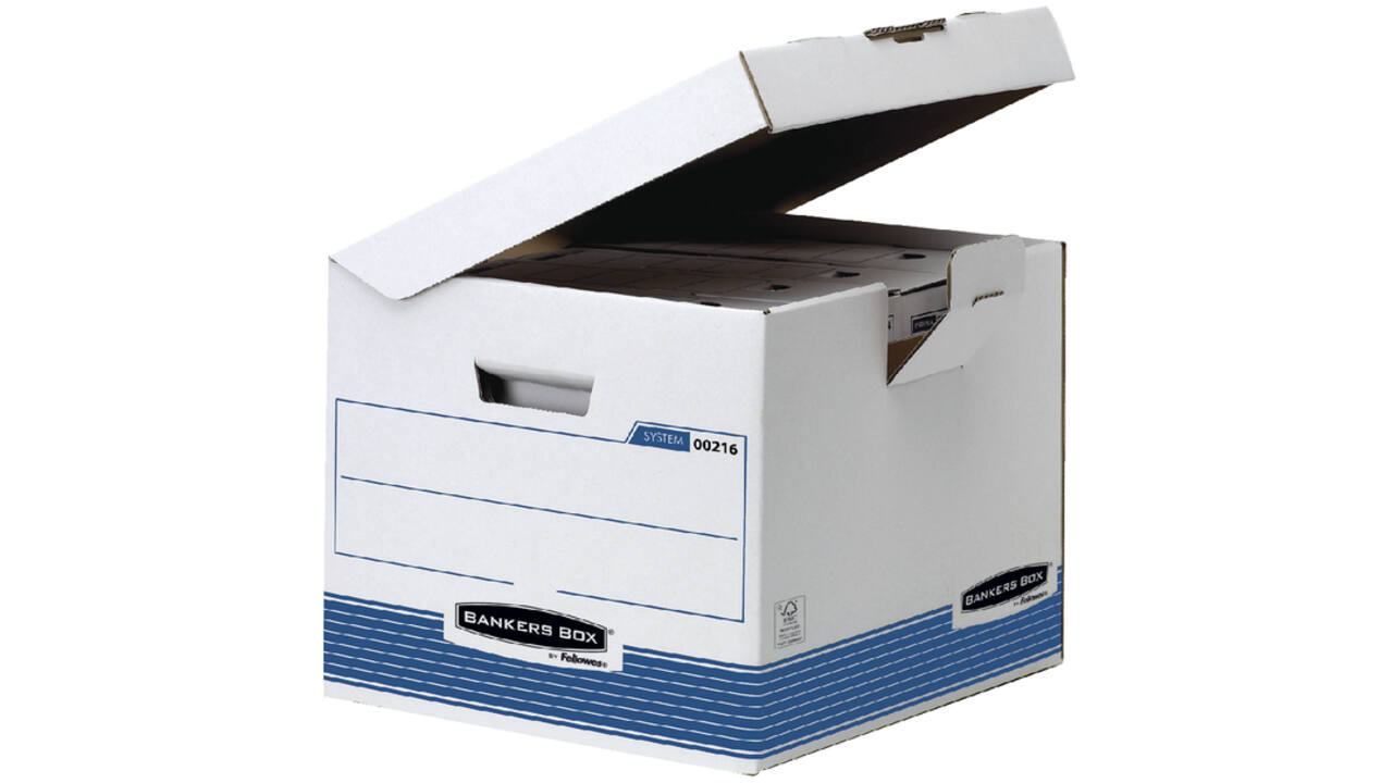 Archiefdoos Bankers Box System flip top kubus wit blauw