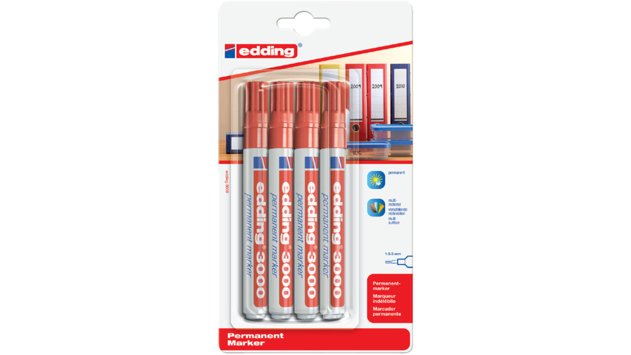 Viltstift edding 3000 rond 1.5-3mm rood blister à 4 stuk