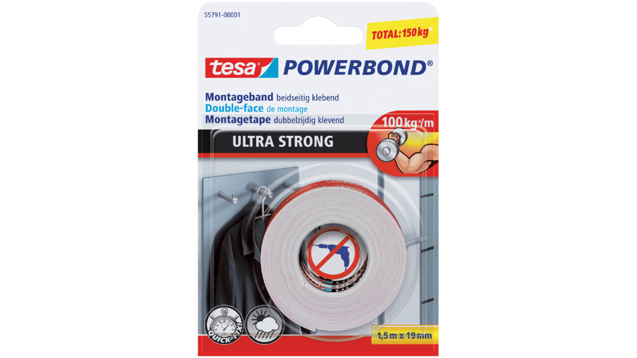 Plakband tesa® Powerbond Ultra Strong dubbelzijdig 1,5mx19mm wit