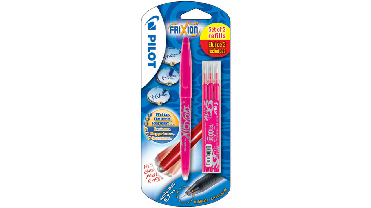 Rollerpen PILOT friXion medium roze blister à 1 stuk + 3 vullingen